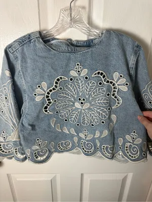 Farm Rio Denim Richelieu Kimono Sleeves Cropped Blouse M thumbnail 8