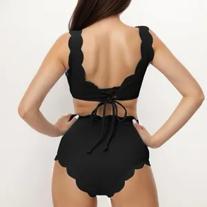 High Wasited Bikini Sets for Women Scalloped Trim Two Piece Swimsuit thumbnail 2