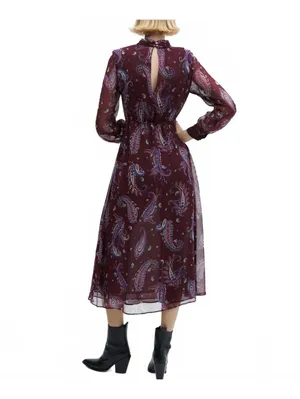 Mango Long Sleeve Flowy Paisley-Print Dress Midi Sandy Maroon NWT Size 2/XS thumbnail 4