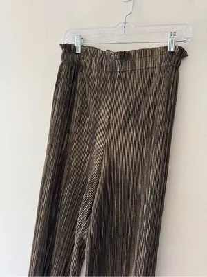 Zara Ribbed Gold Metallic Shimmer Elastic Waist Pull‎ On Pants thumbnail 3