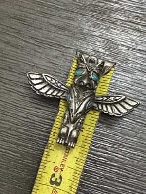 Vtg 70's MCM Stainless Steel Western Native Bird Totem Faux Turquoise Pendant thumbnail 6