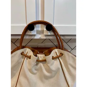 Michael Kors Montauk canvas shoulder bag cream fabric brown leather handles Y2K thumbnail 3