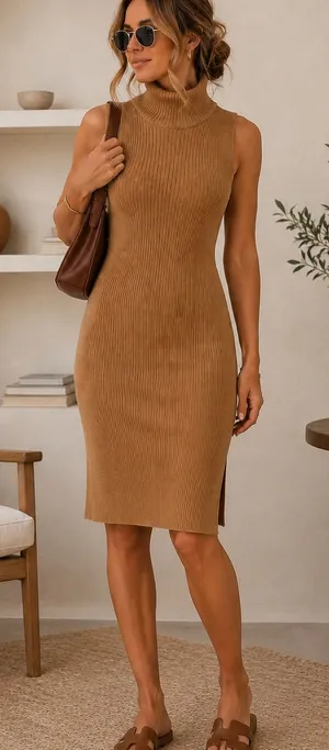 M Magaschoni Camel‎ Ribbed Knit Mock Neck Side Slit Midi Sweater Dress thumbnail 1