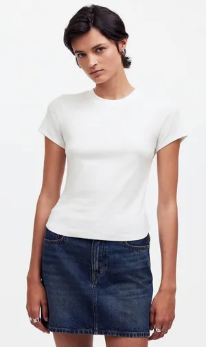 Madewell | NWT Ribbed Crewneck Tee (Re)generative Cotton Eyelet White | Sz XXS thumbnail 1