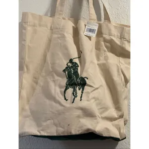 Polo Ralph Lauren Tote Bag 100% Cotton Canvas Green Logo Graphic Pony New thumbnail 2