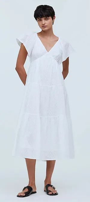 Madewell Tie Back Flutter Sleeve Tiered Midi Dress White Cottagecore US 0 NWT thumbnail 1