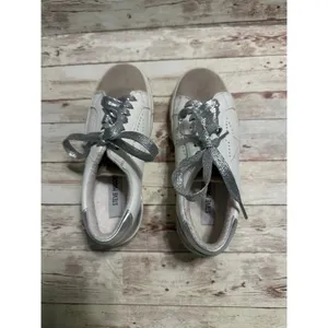 Steve Madden Lace Sneakers Women's Size 6.5 White Silver Sparkle Laces Beige thumbnail 4