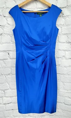 Lauren Ralph Lauren Dress Women's 4 Blue Ruched Sheath Cap Sleeve Cocktail Zip thumbnail 1