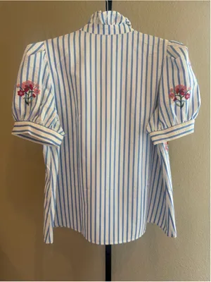 Entro Embroidered Stripe Puff Sleeve Blouse in Blue Size XL thumbnail 3
