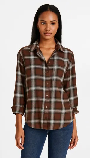 Lola River Plaid Button-Up Shirt - Brown. Size-Large thumbnail 1
