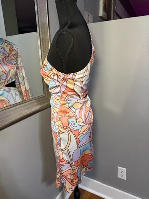 Hello Molly Listen To My Heart Groovy Satin Retro Swirl Dress Size XS. thumbnail 7