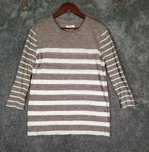 Madewell Heather Taupe Brown Striped Linen Summer Coastal Minimalist Top M thumbnail 1