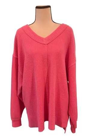 aerie Relaxed V-Neck Waffle Knit Sweater - Coral Pink thumbnail 1