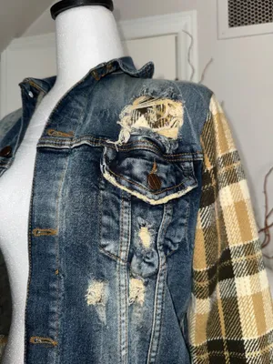 Distressed Patchwork Denim Jacket Blue Size XS thumbnail 6