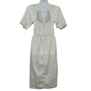 Forever 21 Women's M Cream Linen Blend Smocked Puff Sleeve Open Back‎ Midi Dress thumbnail 3