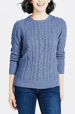 LL Bean Blue Double L Mixed Cable‎ Crew Neck Pullover Sweater Size MEDIUM thumbnail 1
