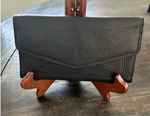 Fossil Black Pebbled Leather Trifold Clutch Wallet Envelope Snap Brass Hardware thumbnail 1