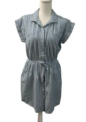 Japna 100% Cotton Blue White Striped Elastic Waist Mini Dress Pockets Medium thumbnail 1