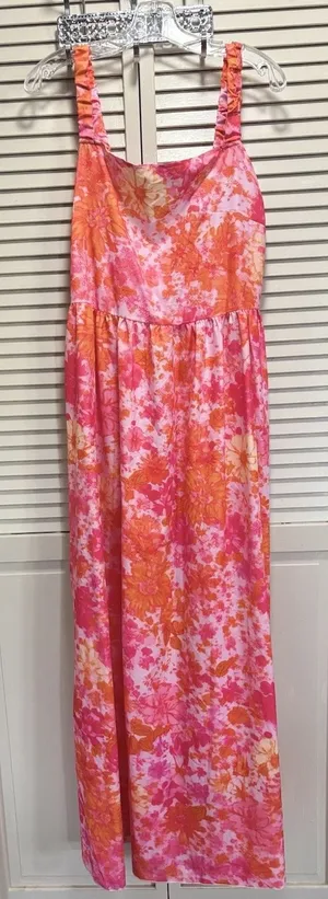 Bright Pink/Orange Floral Maxi Dress Sleeveless Size 1X Elastic Straps & Back thumbnail 1