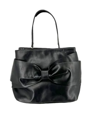 Betsey Johnson Black Bow Tote Faux Leather Floral Lining Whimsygoth Coquette thumbnail 1