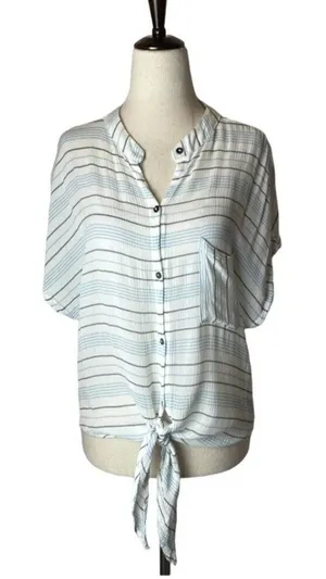 Olivaceous Shirt Women Medium Blue White Striped Tie Front Button Down Preppy thumbnail 1