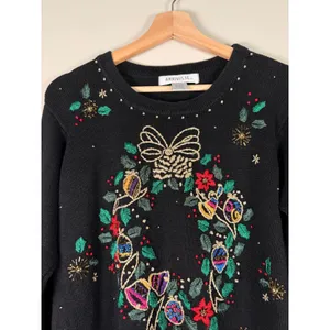 Arriviste Womens Black Embroidered Wreath Beaded Ugly Christmas‎ Sweater Small thumbnail 4