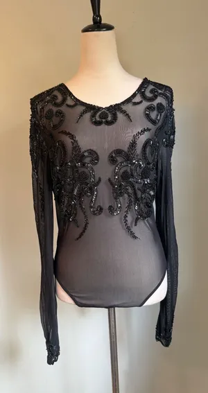 Tapesh Black Sheer Mesh Beaded Sequin Long Sleeve Bodysuit Large Vintage whimsig thumbnail 1