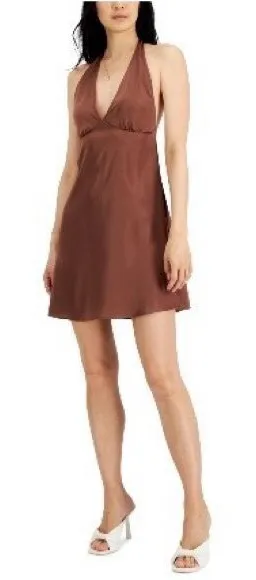 NWT Just Polly Printed Halter Tie V-Neck Dress Juniors' Size L, Cocoa New w/Tag thumbnail 1