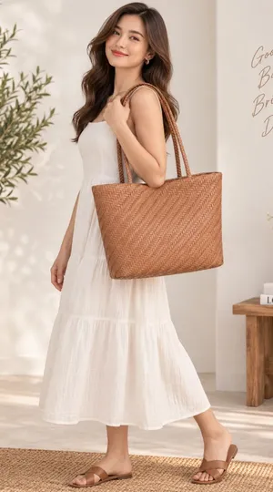 a new day Tan Woven Shoulder Tote thumbnail 1