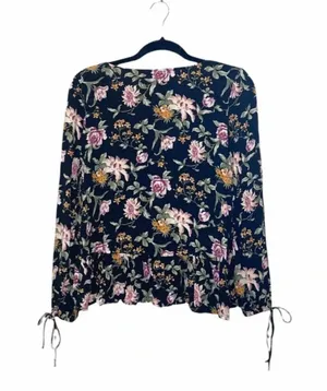 American Eagle Tie Front Floral Print Top Black Multi Ruffle Hem Peplum thumbnail 1