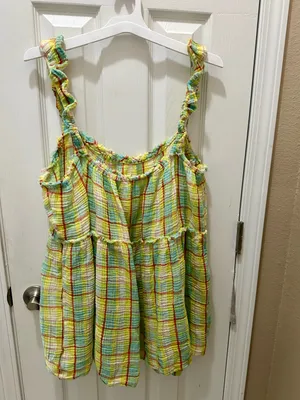 Anthropologie Plaid gauze Ruffle Mini Dress Boho Babydoll yellow size XL thumbnail 5