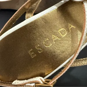 ESCADA Ivory White Leather Crystal Studded T-Strap Wedge Sandals Size 37 1/2 thumbnail 12