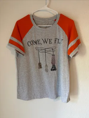 Women’s Grey & Orange Raglan Halloween Graphic Tee - "Come, We Fly" Size Ladge thumbnail 2