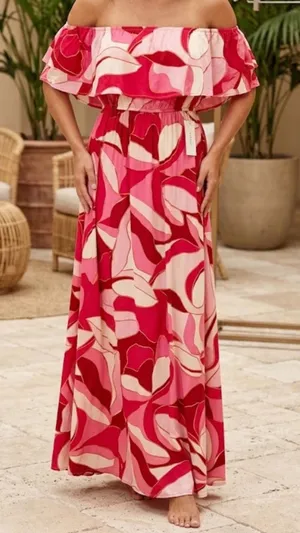 Japna | NWT Woman's Pink Red Abstract Floral Strapless Ruffle Maxi Dress, Size S thumbnail 1