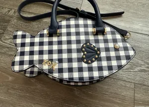 NWT Betsey Johnson Adorable Plaid Fish Handbag Crossbody Navy Blue & White thumbnail 5