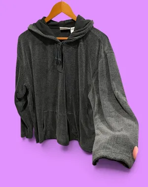 Liz Claiborne Cute charcoal gray velour soft casual herringbone hoodie sweatshirt pocket thumbnail 1