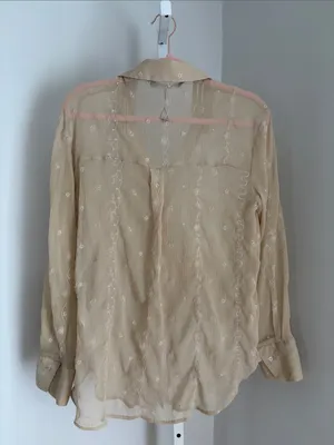 Zara Sheer Paisley Embroidered Button-Up Blouse in Beige Crinkle Size M Coastal thumbnail 3