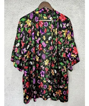 Victorias Secret kimono robe S/M satin black floral butterfly pockets boho fairy thumbnail 1
