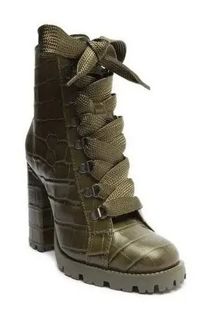 Schutz NEW $158 Zhara Green Croc Embossed Leather Lace Up Chunky Booties Sz‎ 8B thumbnail 1