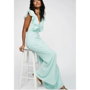 Fame & Partners Free People Jacy Ruffle Wide Leg Jumpsuit Mint Swiss Dot‎ Small thumbnail 3