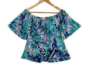 Lilly Pulitzer Top Womens Medium Blue Floral Tropical Coastal Peasant Boho Beach thumbnail 1