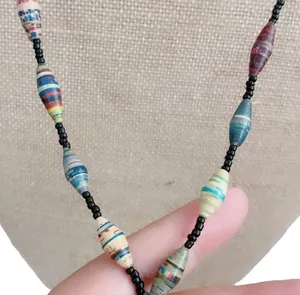 23” Handmade Beautiful Ugandan Paper Bead Necklace Toggle Closure thumbnail 3