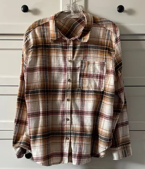 Stitch&Feather Oversized Fall Cozy Plaid Flannel Button Down Shirt Mustard/Red M thumbnail 1