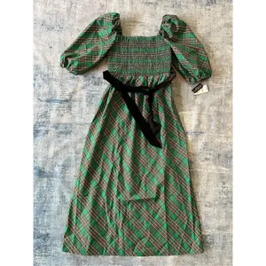 NWT! INC International Concepts Green Red Metallic Plaid Belted Midi Dress Small thumbnail 2
