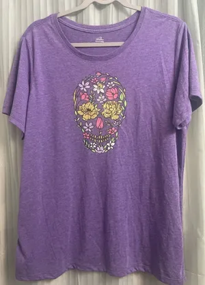 Womens Celebrate Halloween Purple Short Sleeve Shirt Flower Skull Face Size XL thumbnail 1
