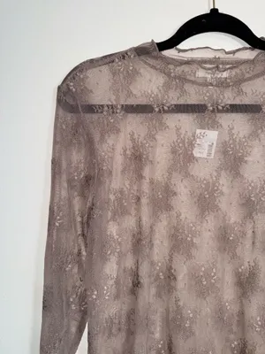 Maurices Embroidered Floral Sheer Mock Neck Top Light Brown NWT thumbnail 3