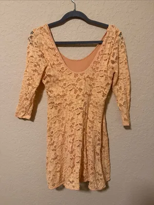 Free People Peach Lace Scoop-Neck Long Sleeve Dress thumbnail 2