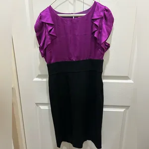 Eliza J New York Purple 100% Silk and Black Midi Dress Size 12 thumbnail 2