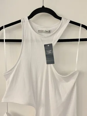 Abercrombie & Fitch Asymmetrical Cut Out Ribbed Bodycon Mini Dress in White NWT thumbnail 3