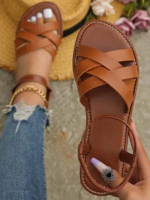Shein Cognac PU Leather Cross Strap Adjustable Flat Sandal Size 9 EU 40 thumbnail 1